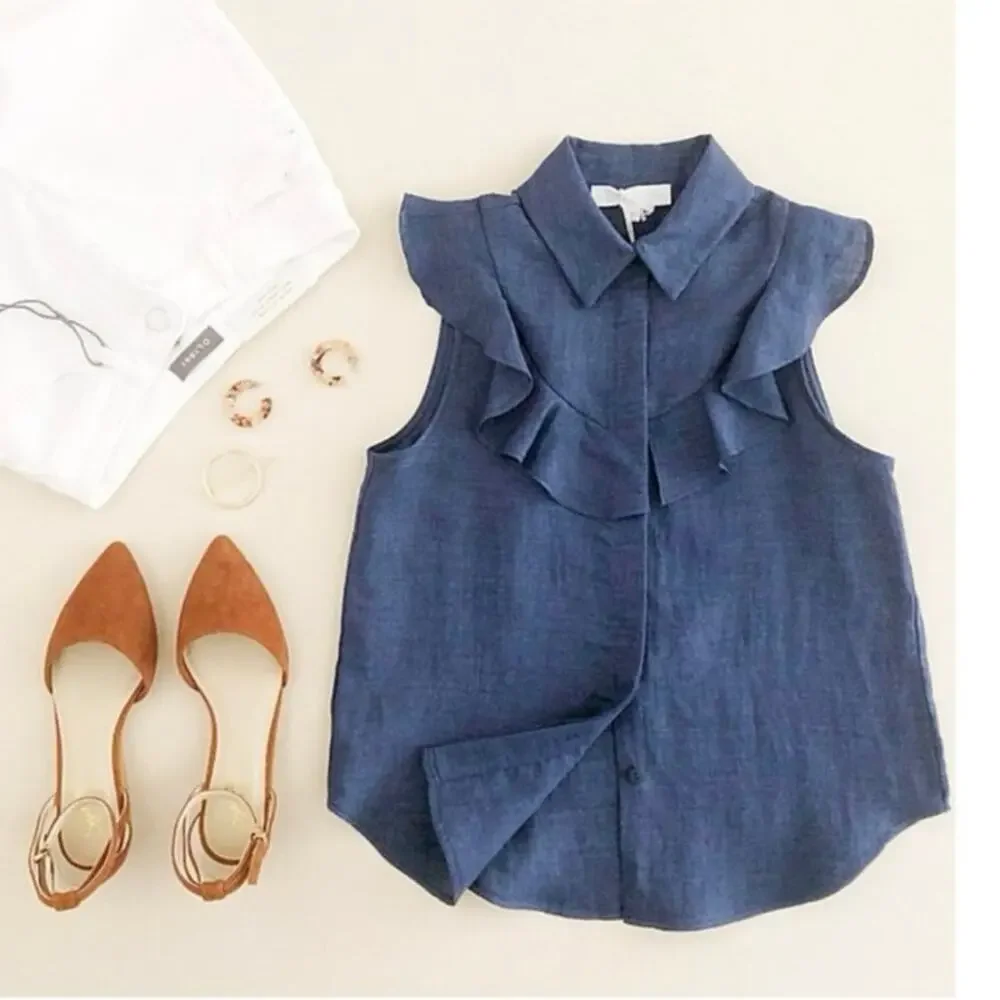 Women’s Corey Lynn Calter Blue Linen Button up Sleeveless Top with Ruffles.Small - Picture 1 of 8